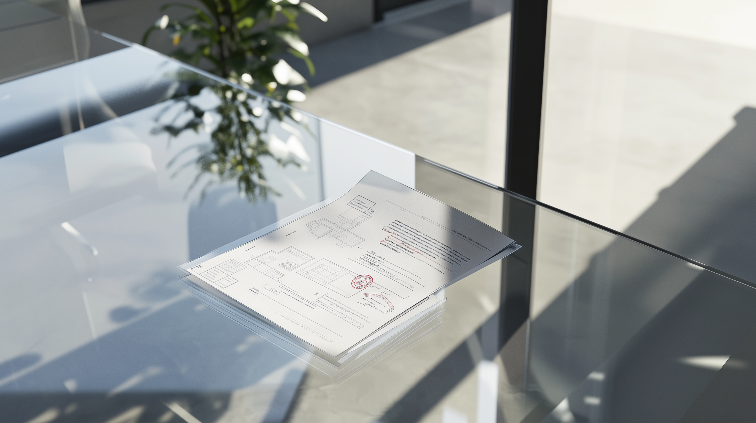 Ein Stapel Architekturpläne liegt auf einem Glastisch in einem modernen Büro – vermutlich Unterlagen, um einen Bauantrag zu stellen.