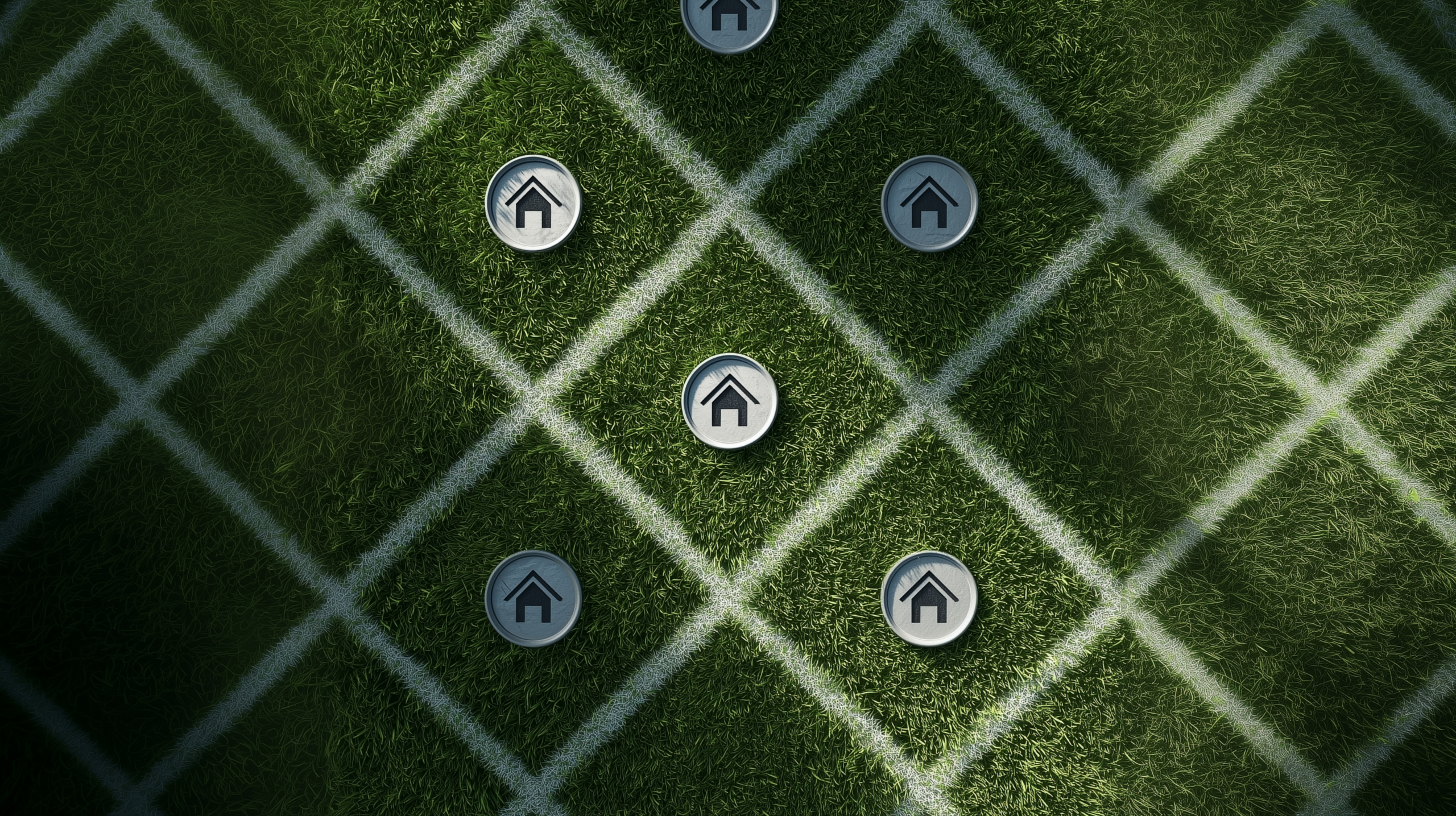 Symbolische Darstellung mit Haus-Icons auf einem rasterförmig markierten Rasen. Konzeptbild zur Frage „Was kostet ein Quadratmeter Hausbau?“
