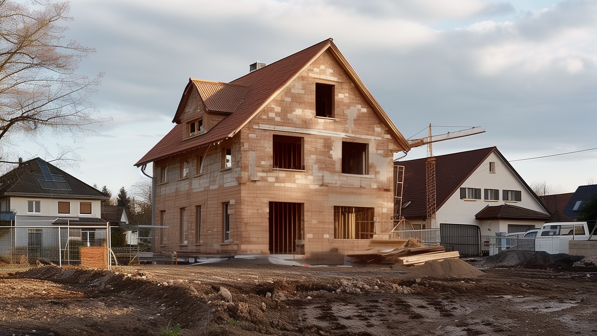 Bauen in zweiter Reihe: ein KI-generiertes Bild eines Rohbaus in Massivbauweise mit Satteldach.
