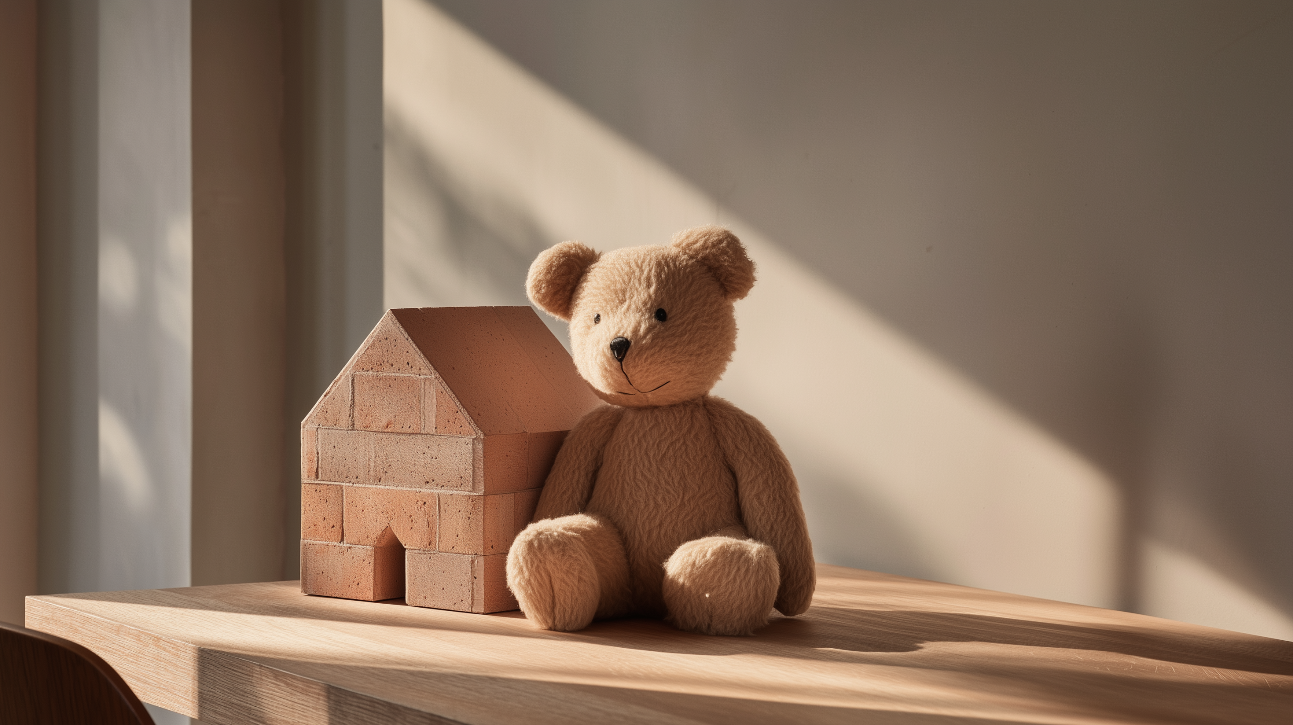 Ein plüschiger Teddybär sitzt auf einem Holztisch neben einem kleinen Modellhaus aus Backsteinen, beleuchtet von sanftem Tageslicht als ein symbolischer Hinweis auf den Wunsch, ein Haus für die Familie bauen zu wollen.