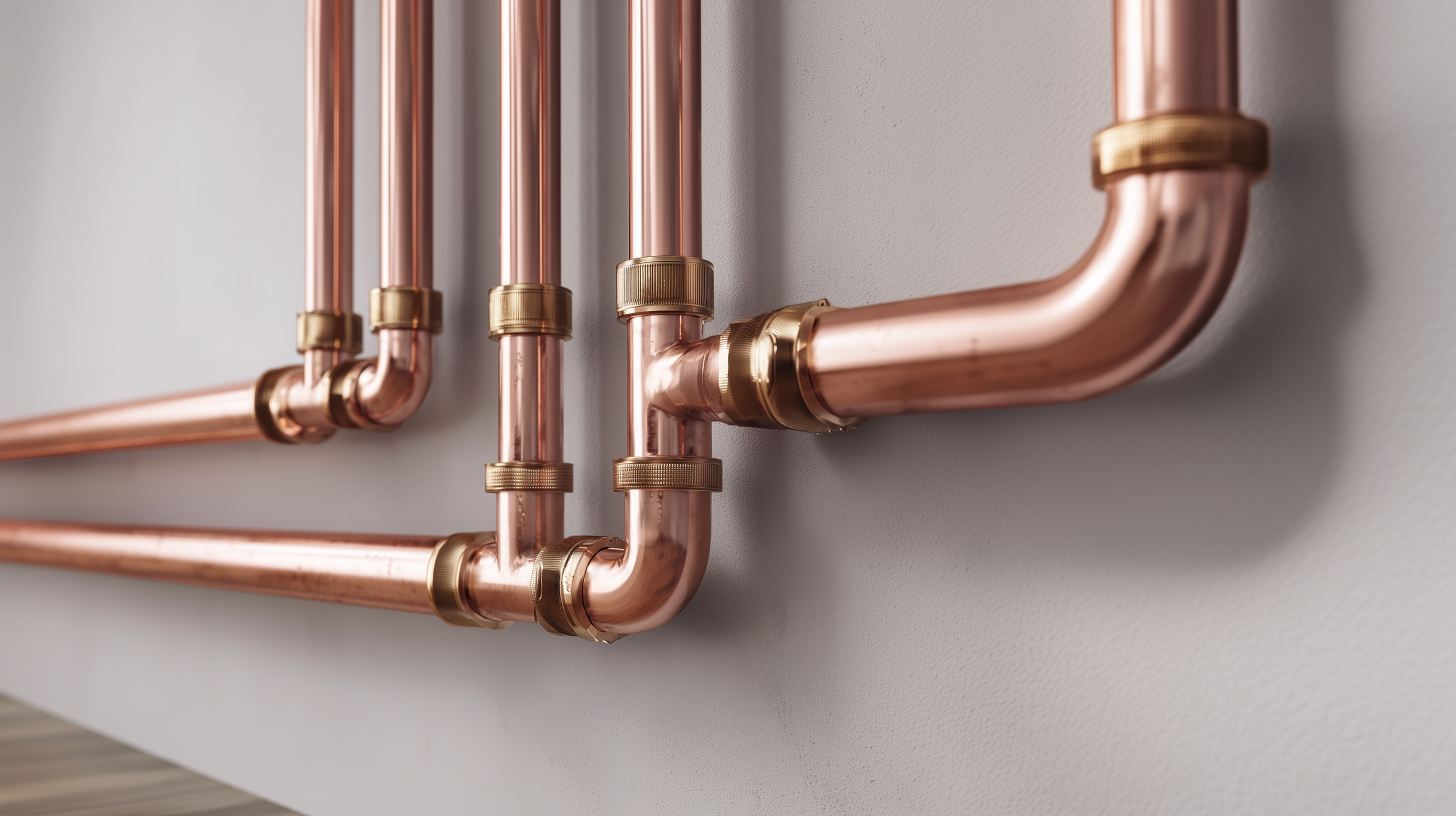 Mehrere glänzende Kupferrohre mit Messingverschraubungen an einer Wand als Beispiel für hochwertige Installation bei der Haustechnik planen