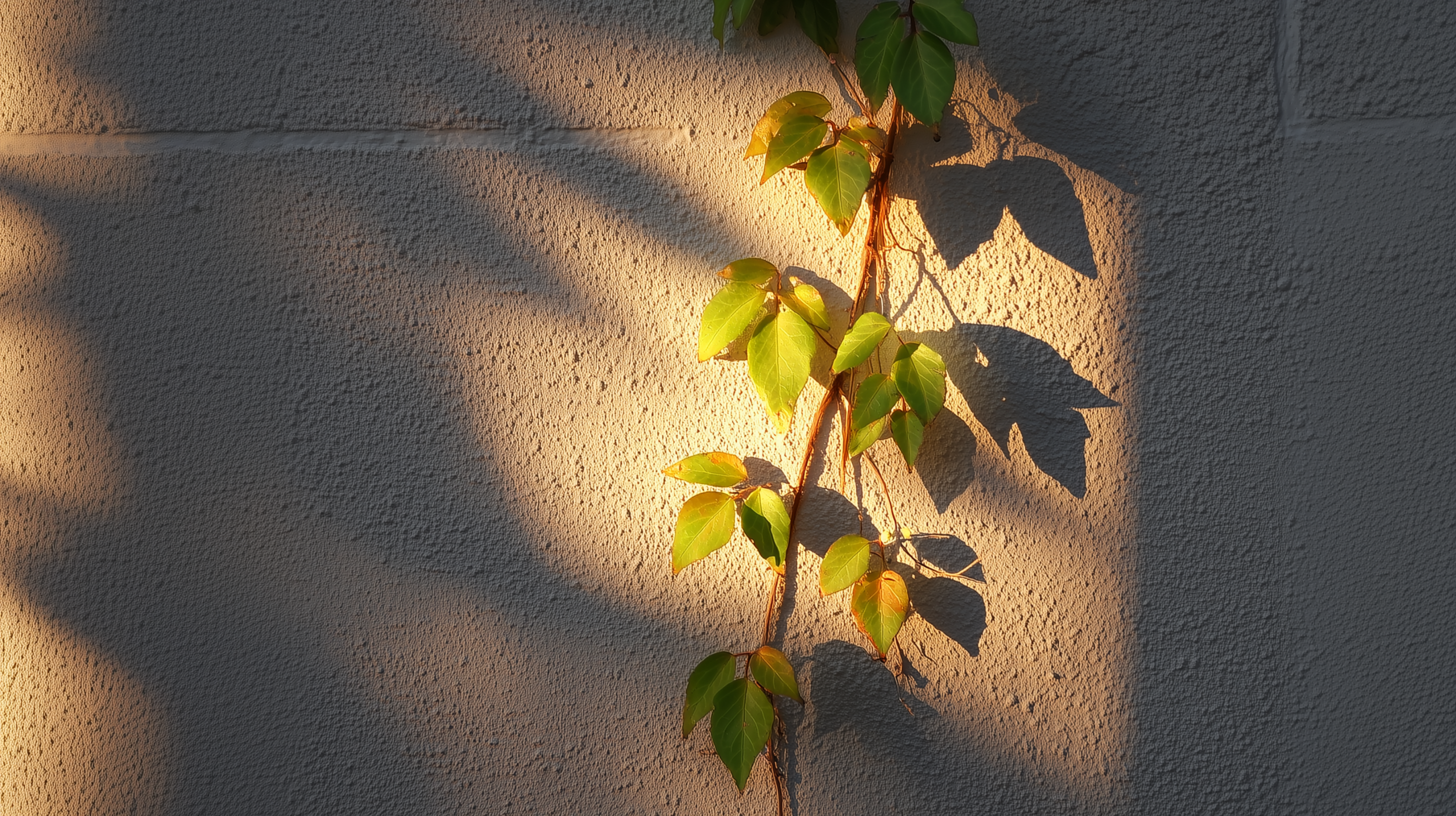 Sonnenlicht fällt auf grüne Kletterpflanze, die an einer hellen, rauen Hauswand emporklettert – ein Symbol für umweltfreundlichen Hausbau mit natürlicher Begrünung.