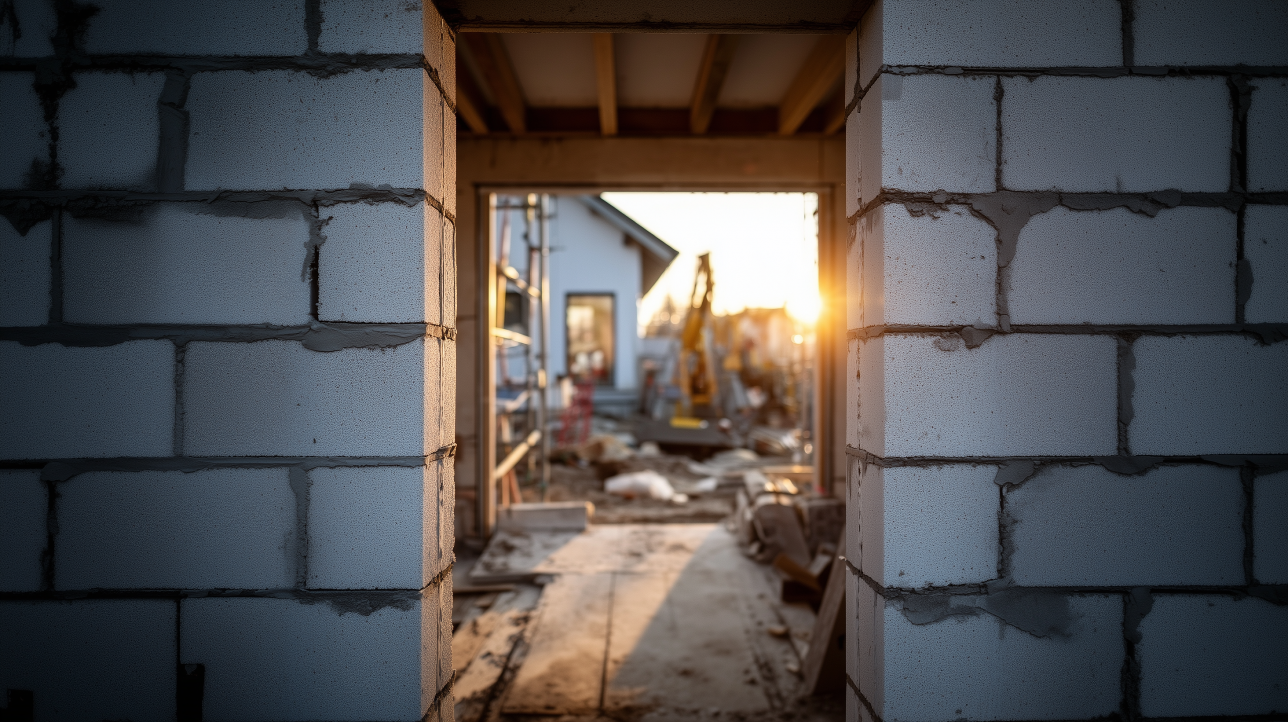 Wie lange dauert ein Hausbau? Ein KI-generiertes Bild von einem Haus-massiven Rohbau. Der Blick erfolgt durch die Öffnung für die Tür ins Innere und durch den Rohbau hindurch, wo auf der anderen Seite Teile der Baustelle zu sehen sind.