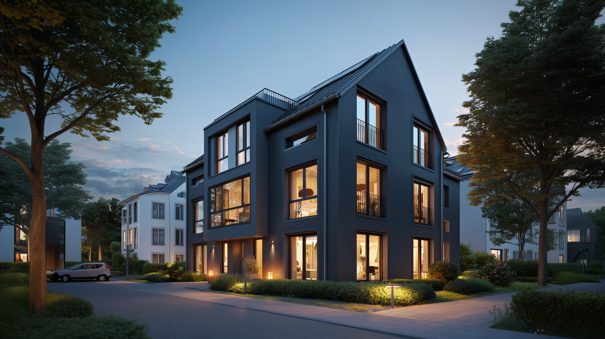 Modernes Mehrfamilienhaus mit dunkler Fassade und großen Fenstern bei Abenddämmerung, ideal zum Immobilie vermieten in attraktiver Wohnlage.