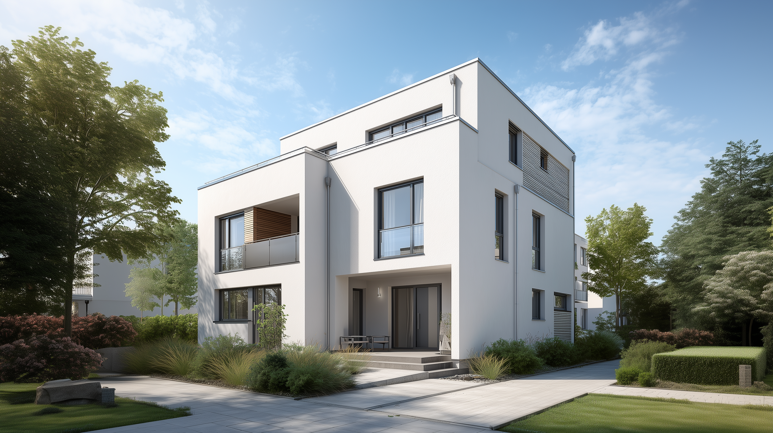 Ein helles, modernes Einfamilienhaus mit weißer Fassade und Flachdach, klarer Linienführung und gepflegtem Garten bei Tageslicht – die optimale Immobilie zum Vermieten.
