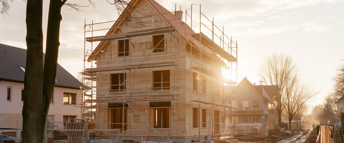 Bauen in zweiter Reihe: ein KI-generiertes Bild eines massiven Einfamilienhaus in der Bauphase.