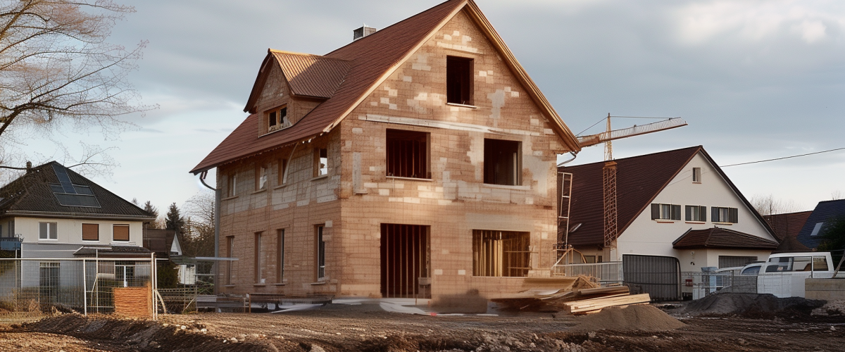 Bauen in zweiter Reihe: ein KI-generiertes Bild eines Rohbaus in Massivbauweise mit Satteldach.