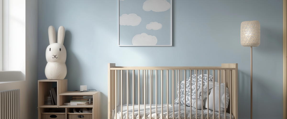 Ein helles, modernes Kinderzimmer mit Gitterbett, Bücherregal und Hasenfigur in ruhigen Blautönen als eine visuelle Vision davon, wie es aussehen könnte, wenn man ein Haus für die Familie bauen möchte.