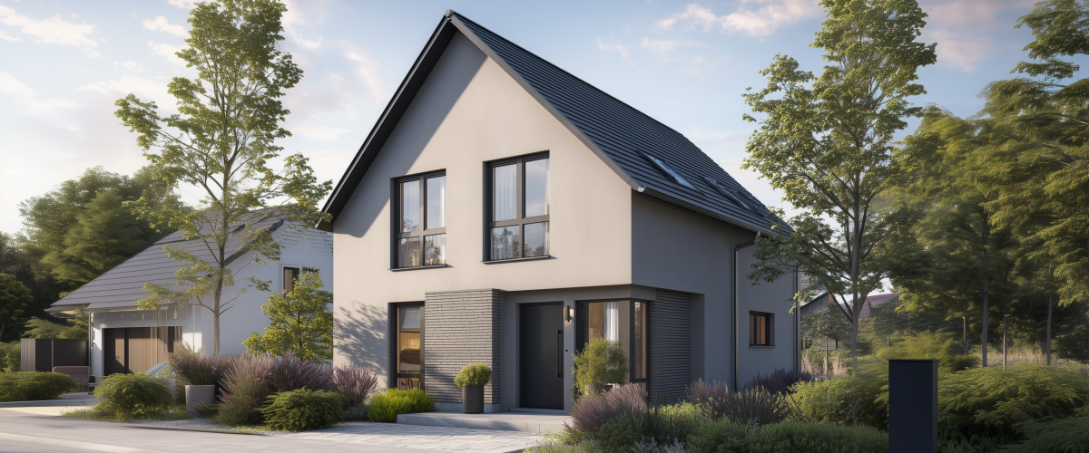 Wie lange dauert ein Hausbau? KI-generiertes Bild von einem modernen Einfamilienhaus mit weißer Fassade und dunkelgrauem Satteldach in grüner Wohnumgebung.