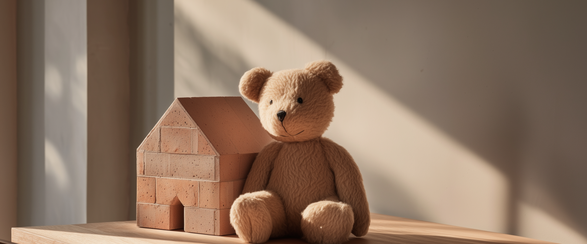 Ein plüschiger Teddybär sitzt auf einem Holztisch neben einem kleinen Modellhaus aus Backsteinen, beleuchtet von sanftem Tageslicht als ein symbolischer Hinweis auf den Wunsch, ein Haus für die Familie bauen zu wollen.