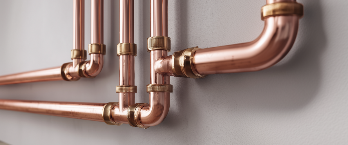 Effiziente Installation: Kupferrohre richtig verlegen und Haustechnik planen Mehrere glänzende Kupferrohre mit Messingverschraubungen an einer Wand als Beispiel für hochwertige Installation bei der Haustechnik planen