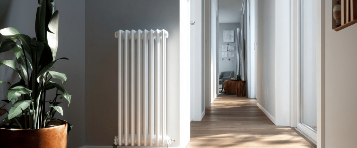 Heller Flur mit weißem Heizkörper und Holzboden als Beispiel für durchdachte Heizungsintegration bei der Haustechnik planen