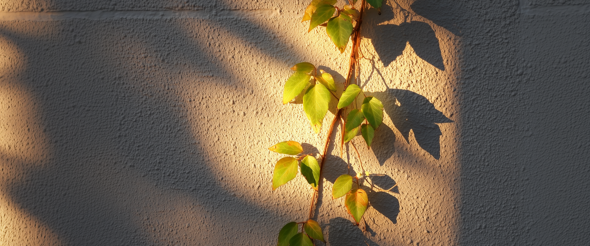 Sonnenlicht fällt auf grüne Kletterpflanze, die an einer hellen, rauen Hauswand emporklettert – ein Symbol für umweltfreundlichen Hausbau mit natürlicher Begrünung.