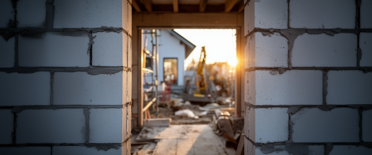Wie lange dauert ein Hausbau? 1 Wie lange dauert ein Hausbau? Ein KI-generiertes Bild von einem Haus-massiven Rohbau. Der Blick erfolgt durch die Ăffnung fĂŒr die TĂŒr ins Innere und durch den Rohbau hindurch, wo auf der anderen Seite Teile der Baustelle zu sehen sind.