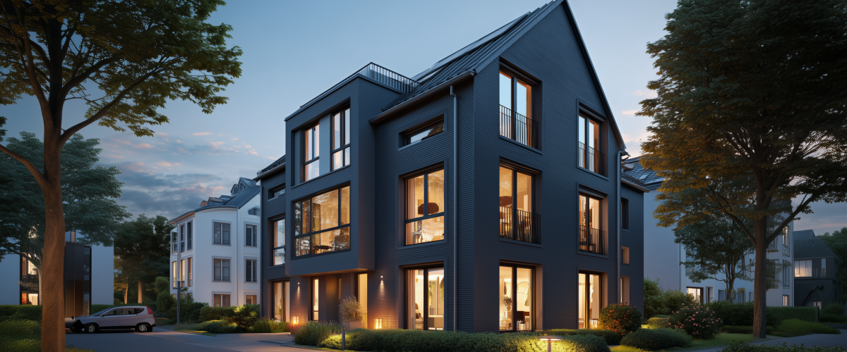 Modernes Mehrfamilienhaus mit dunkler Fassade und großen Fenstern bei Abenddämmerung, ideal zum Immobilie vermieten in attraktiver Wohnlage.